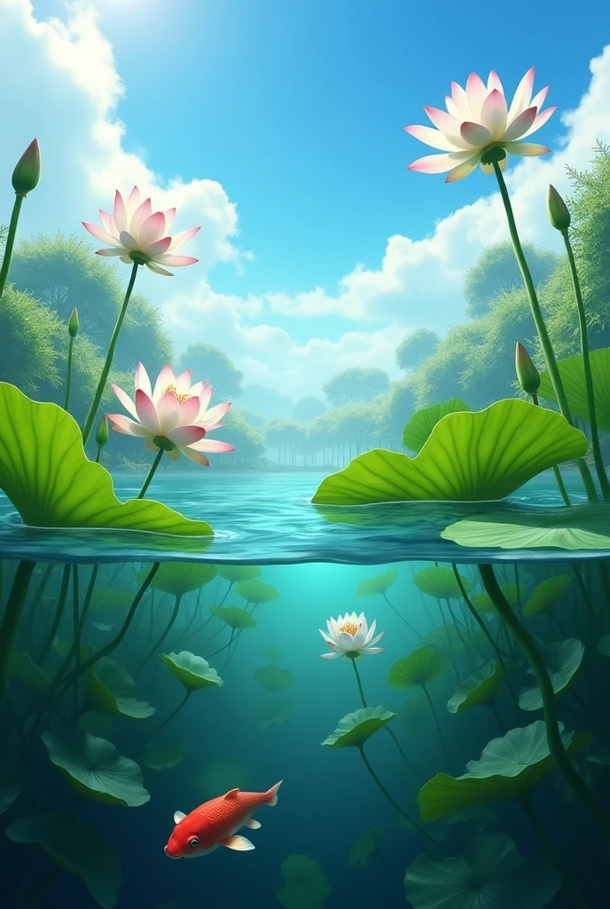 Blue sky, white clouds and sunlight shining on the lotus floating in clear water under the pond. koi carp in the water. The lens capture the entire scene of underwater green plants. Bright colors highlight the vitality of lotuses swaying with wind. Underwater perspective highlights the tall plant scale. High definition resolution presents delicate details. The professional photographer's work conveys natural beauty in the style of nature.