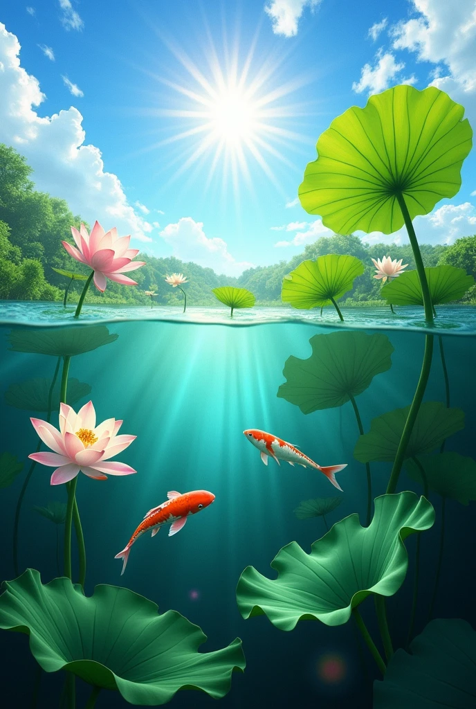 Blue sky, white clouds and sunlight shining on the lotus floating in clear water under the pond. koi carp in the water. The lens capture the entire scene of underwater green plants. Bright colors highlight the vitality of lotuses swaying with wind. Underwater perspective highlights the tall plant scale. High definition resolution presents delicate details. The professional photographer's work conveys natural beauty in the style of nature.