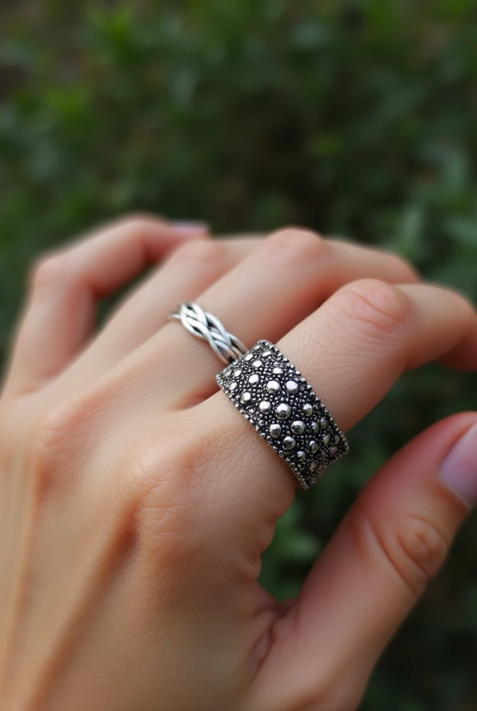 pointillism silver ring, This ring has a dotted weave, that makes it special, ring on hand