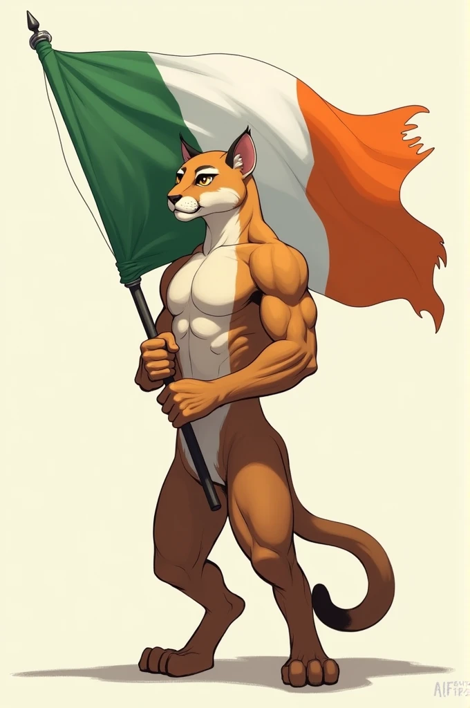 Generate me an image of a humanized puma, with a flag that first has the color white, then green and finally orange