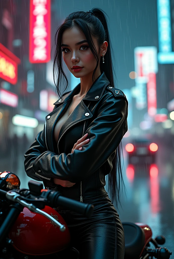 A very beautiful woman of no nationality and oriental、Wearing a black leather biker jacket、Riding a large motorcycle、Holding a helmet、Tie your hair back、Smiling Kindly、Beautiful and detailed texture of black leather biker jacket、Beautifully detailed body and face、Ideal body type、Big Breasts、Tight waist、Detailed navel、Beautifully detailed thighs、Beautifully detailed eyes、Beautifully detailed mouth、Long eyelashes、Facial features are detailed、hairpin、hair ornaments、Standing with arms folded and legs apart、Cyberpunk City、night、rain、Natural lighting、Vibrant colors、breeze、Tense atmosphere、(best quality,4K,8k,highres,masterpiece:1.2),ultra-detailed,(realistic,photorealistic,photo-realistic:1.37), (anatomically correct body structure:1.4), intricate details, dynamic pose, dramatic lighting, vibrant colors, stage performance, idol aesthetic, expressive face, detailed clothing textures, emotional expression