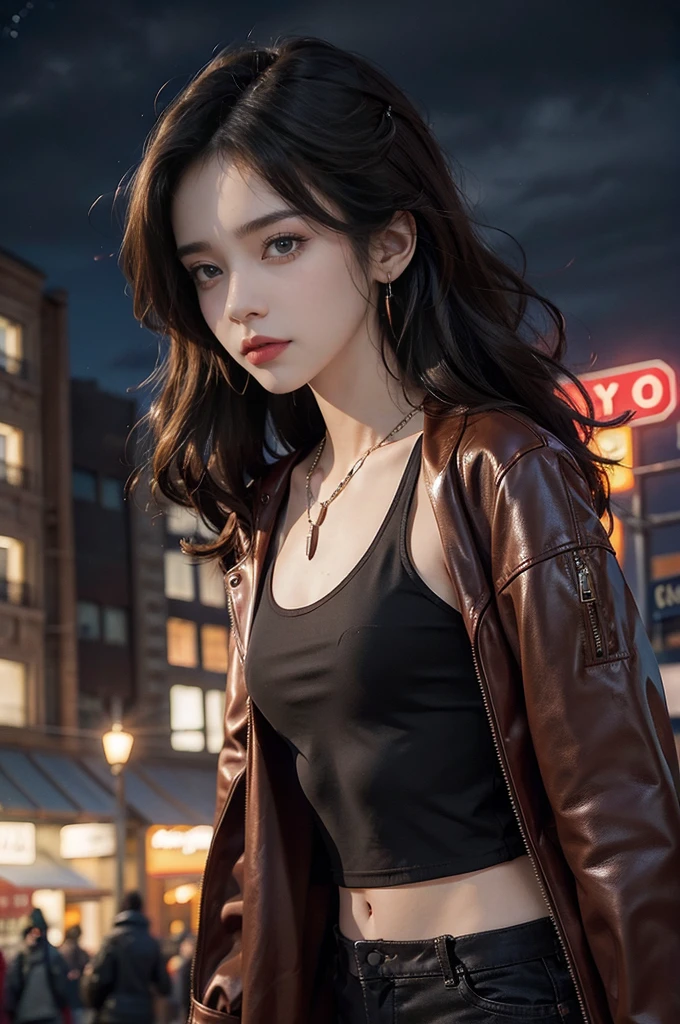 (((best quality))),(((ultra detailed))),(((masterpiece))),illustration,((1 beautiful girl,solo)),(shoulder length straight bob:0.8),((earrings,necklace)),((slim,thin)),((small breasts,flat chest)),detailed eyes,red lips,fair skin, rosy cheeks, (black leather jacket:1.3),(tank top:1.2),(city streets:1.3),(night scene:1.3), bustling ambiance, (neon lights:1.2), storefronts, people hurry by, winter coats, phone screens, confident stance, solitude, sophisticated, urban chic, vibrant backdrop, captivating atmosphere,((from front,upper body))