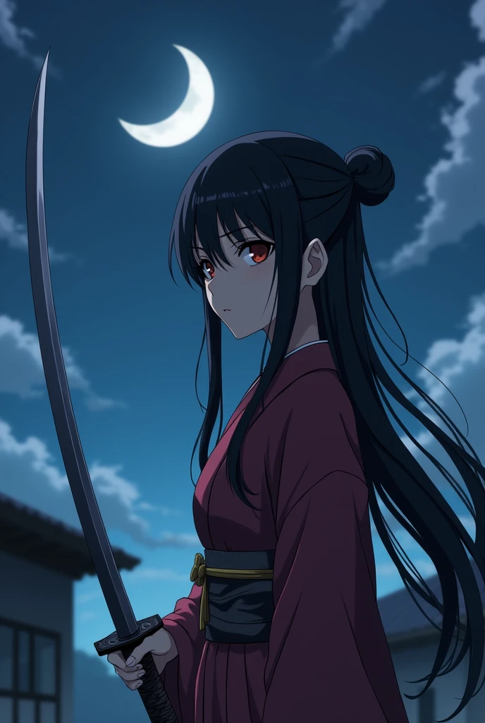 Long Black Hair、Hair tied up、15 years old、woman、kimono、Crescent moon in the background、On the roof of an old building、Too much exposure、Red eyes、Cold look、profile、Anime Style、Holding a Japan sword in his right hand、In his left hand he holds a sheath of a Japanese sword