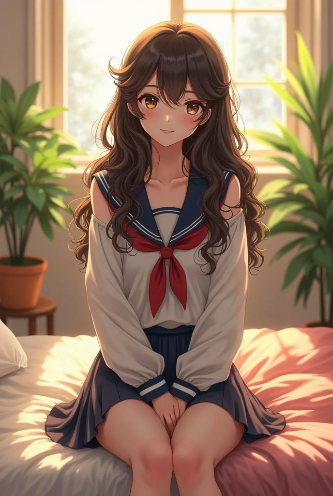 (photorealism:1.2), beautiful  girl, Japanese, sitting on bed, wearing loose off-shoulder school uniform, long curly hair, indoors, soft lighting, plants in background, window with sunlight, cozy room, relaxed pose, realistic, intricate details, warm colors, 