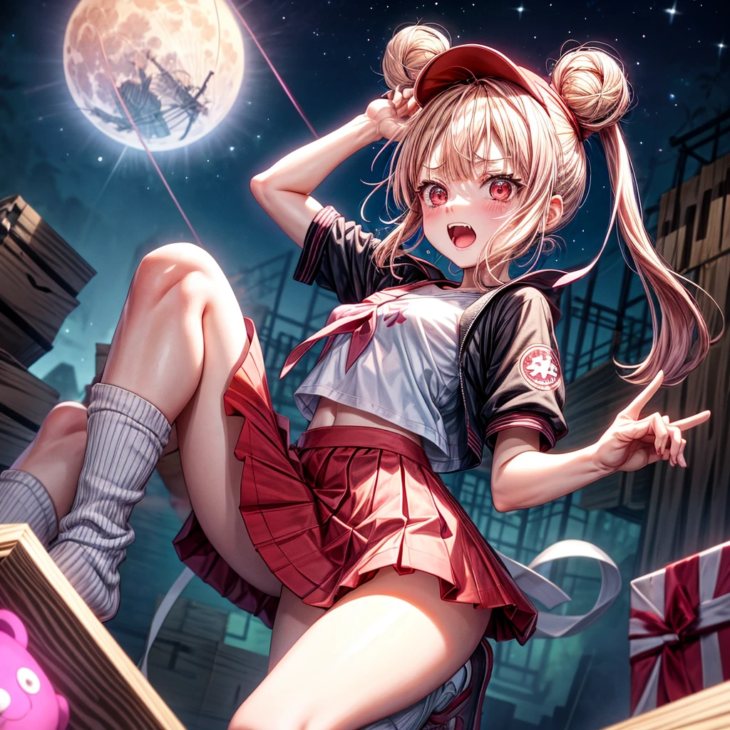 Pink Blonde、Red eyes、Hair tied up、One cute girl、solo、Checked mini skirt、black t-shirts、one piece、cardigan、Knee-high socks、bear ears baseball cap、Burning Full Moon、The tree is dead、Electric spectaculars、Cardboard boxes are piled up、Teeth are visible、Monster Castle、Tilting face、Starry Sky、A teddy bear is jumping