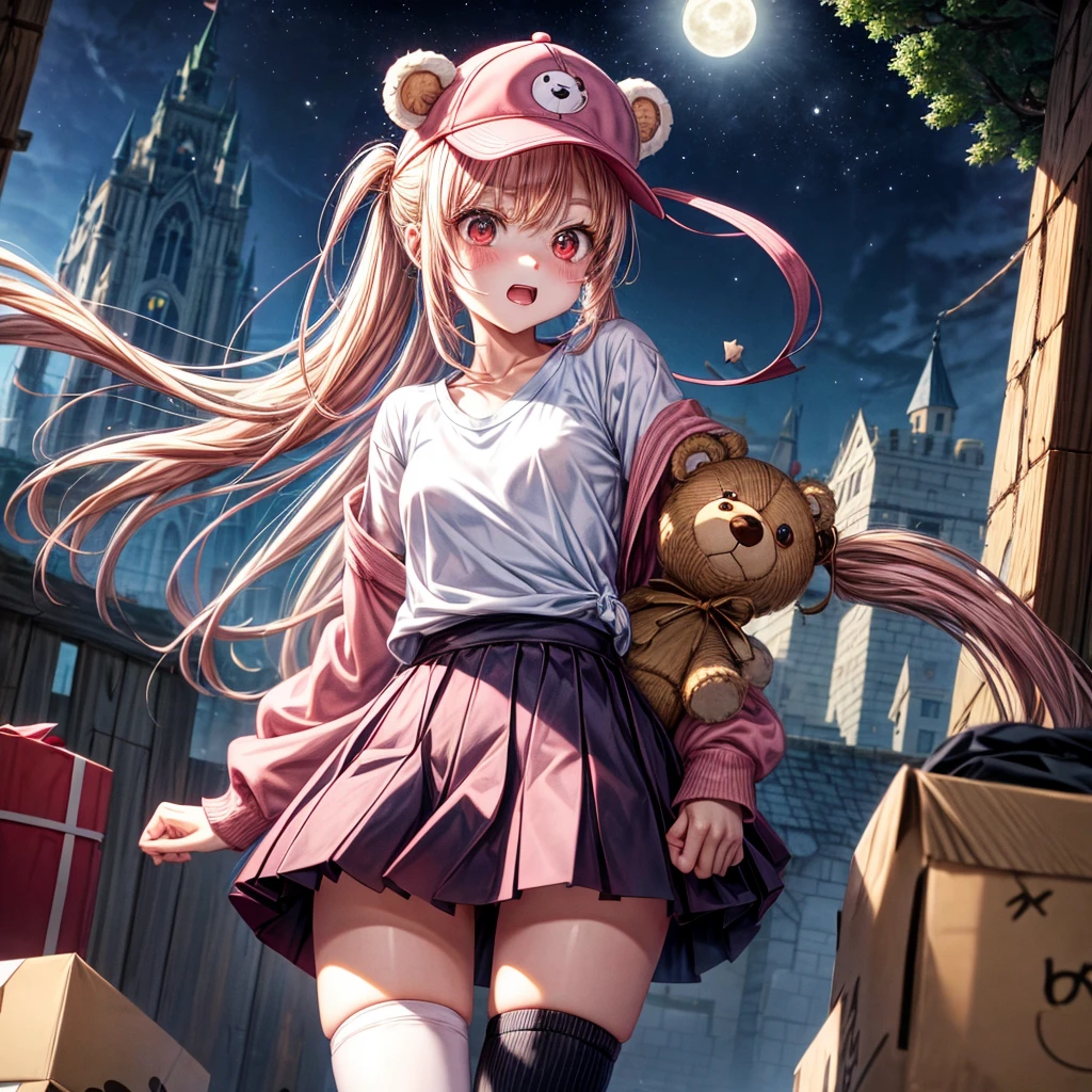 Pink Blonde、Red eyes、Hair tied up、One cute girl、solo、Checked mini skirt、black t-shirts、one piece、cardigan、Knee-high socks、bear ears baseball cap、Burning Full Moon、The tree is dead、Electric spectaculars、Cardboard boxes are piled up、Teeth are visible、Monster Castle、Tilting face、Starry Sky、A teddy bear is jumping