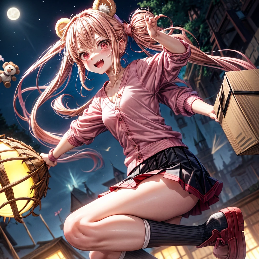 Pink Blonde、Red eyes、Hair tied up、One cute girl、solo、Checked mini skirt、black t-shirts、one piece、cardigan、Knee-high socks、bear ears baseball cap、Burning Full Moon、The tree is dead、Electric spectaculars、Cardboard boxes are piled up、Teeth are visible、Monster Castle、Tilting face、Starry Sky、A teddy bear is jumping