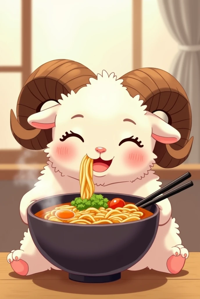 2D cartoon of a ram, slightly turning to the right, With horns, with eyes closed, eating ramen