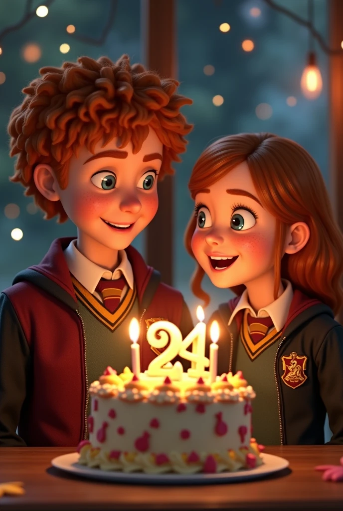Ron wishes happy birthday to Hermione with a cake with candles named 24 animation
