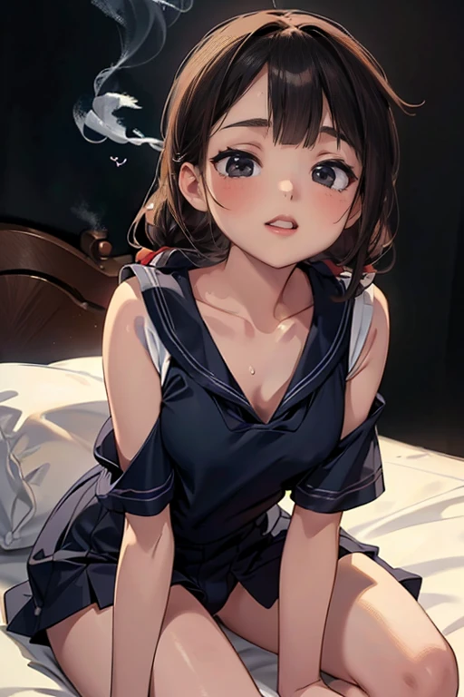A beautiful young woman in a sailor uniform lying on a bed, her bare shoulder exposed, yawning with a sleepy expression, her wet crotch visible, an alluring face with a random hairstyle, smiling with flushed cheeks as she lies back, raising her arms, surrounded by superb smoke effects against a deep, dark background.
(best quality,8k,8k,highres,masterpiece:1.4),extremely detailed,photorealistic,photo-realistic:1.37,HDR,UHD,studio lighting,ultra-fine painting,sharp focus,physically-based rendering,extreme detail description,professional,vivid colors,bokeh,1girl,beautiful detailed eyes,beautiful detailed lips,extremely detailed eyes and face,longeyelashes,sailor uniform,bedroom,bed,bare shoulder,yawning expression,sleeping face,wet crotch,attractive face,random hairstyle,smiling,heavy breathing,flushed face,lying back,lying down,arms raised,super smoke,deep dark background,black background,transparent