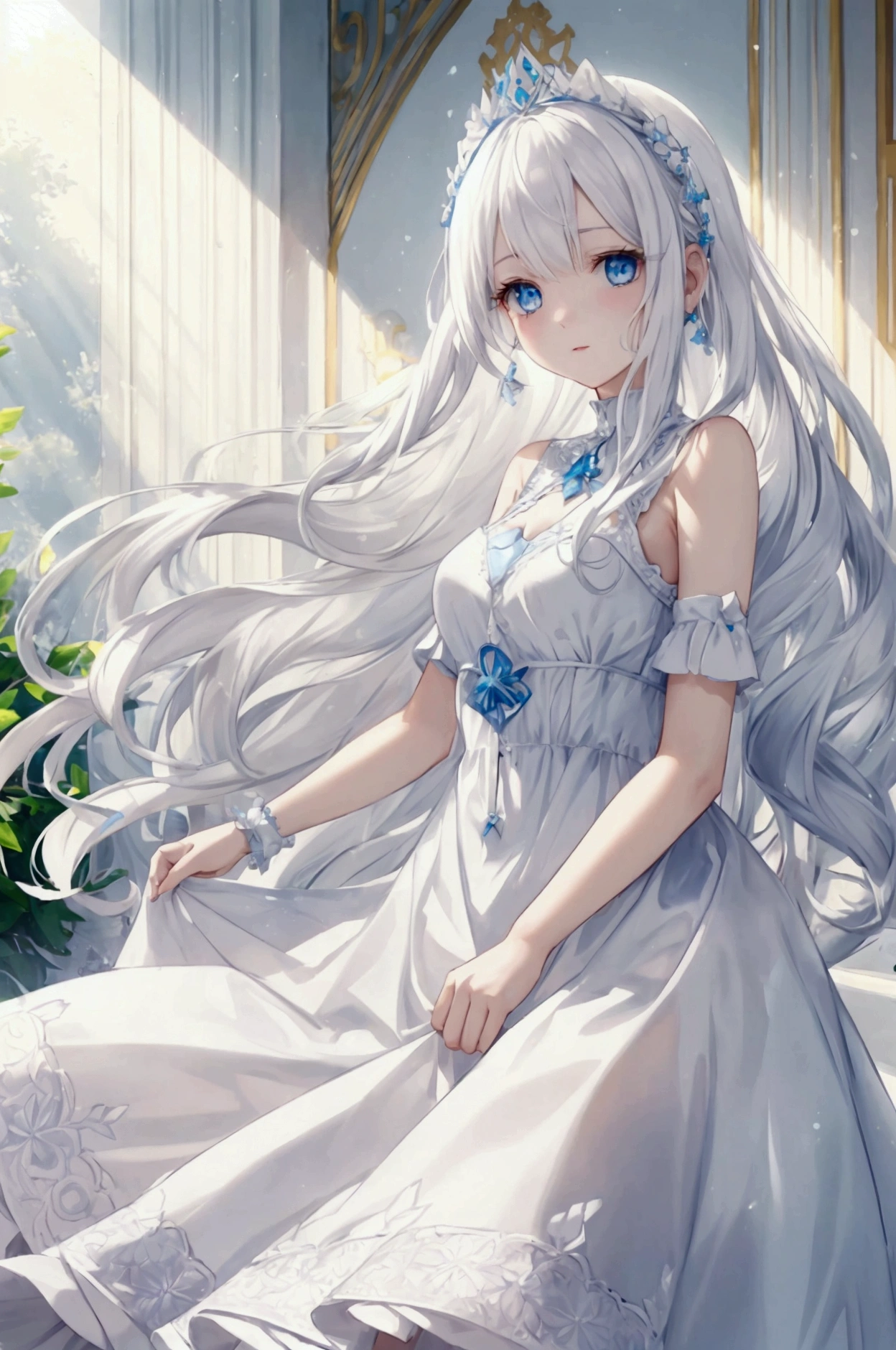 Mid-length white hair girl, soft blue eyes, white dress, blue accessories, sunlight streaming down on face