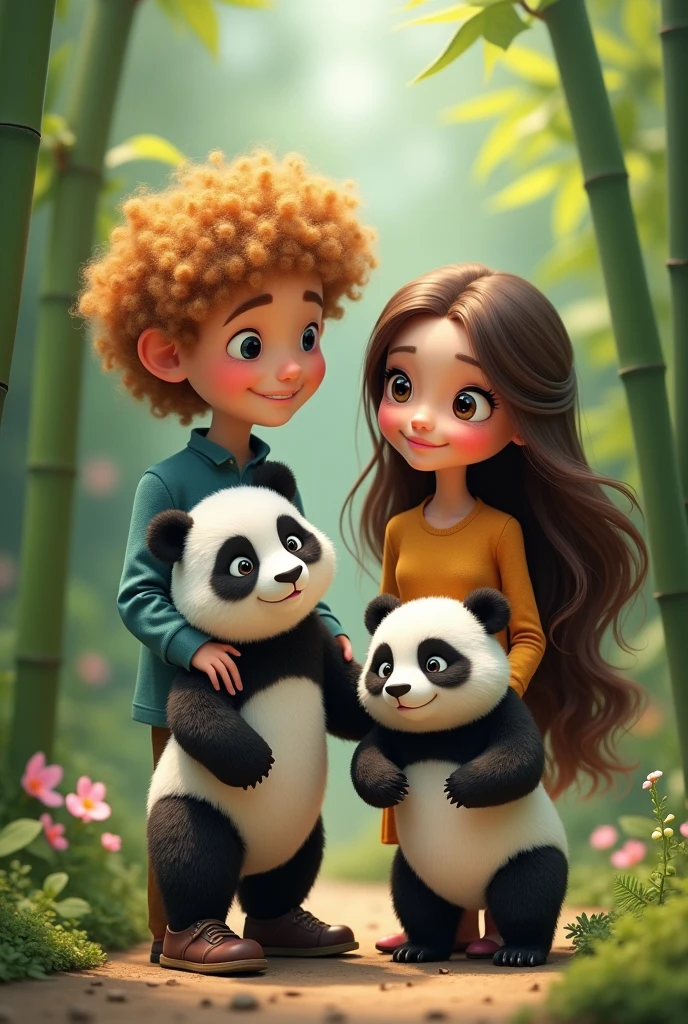 Curly blond man and panda , brunette woman with long hair and Panda