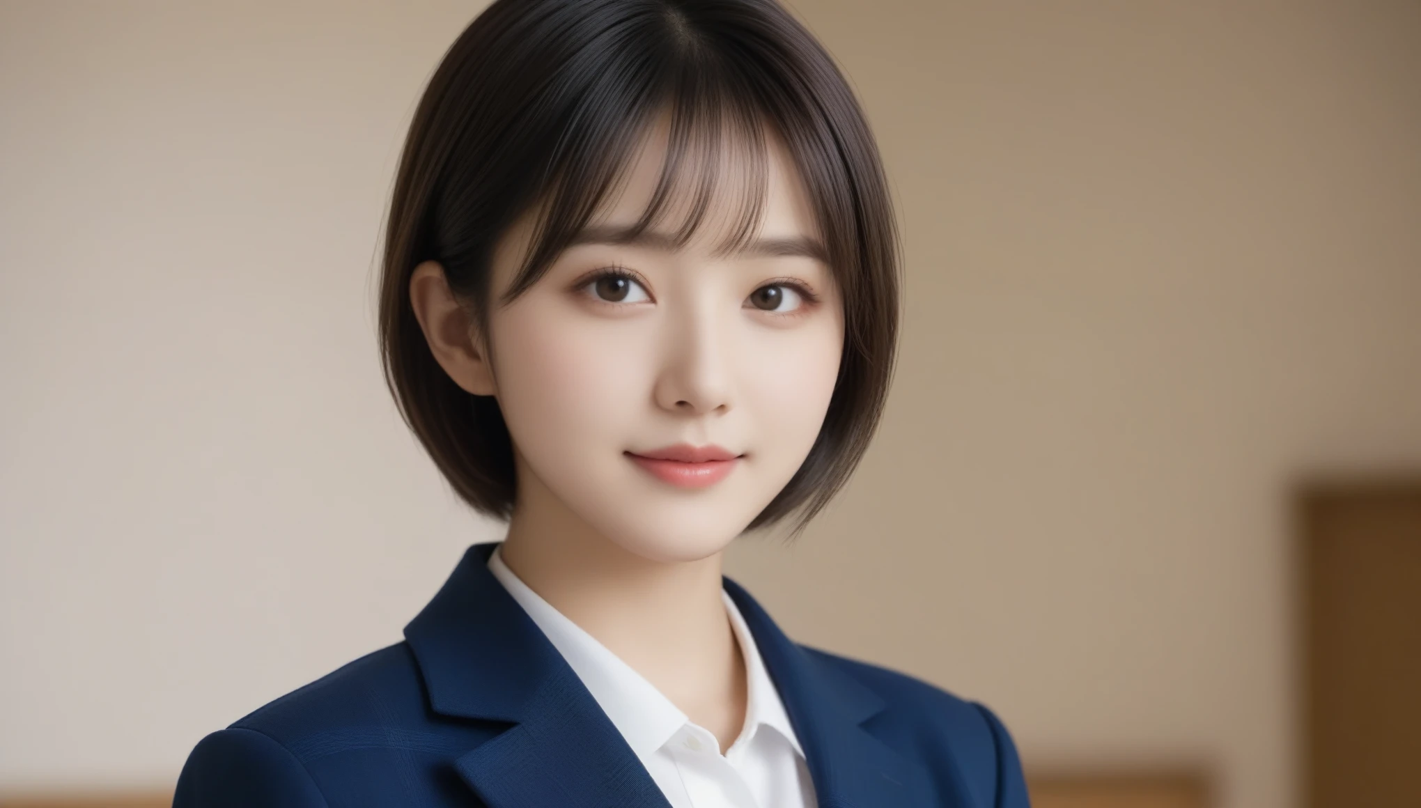 8k, Ultra-high resolution, Highest quality, masterpiece, 三分割法によるphotograph,Surreal, photograph, 1 Girl, (:1.3), pretty girl, Cute Face, Beautiful eyes in every detail, 細かくdetailedに,masterpiece,One Girl:1.2,Japanese female announcer,cowboy shot,smile,Black hair,Bowl cut, Natural skin texture,((very small head:1.3)),Gorgeous eyes,smile,((Toned body,Slender body,skinny)),(school uniform、Dark blue blazer jacket、Navy blue tie、Grey plaid pleated mini skirt,loafers),Glowing Skin,Glowing Skin,Full of sexiness,smile,Heal the heart、Laugh a little、Please close your mouth and laugh、(((Ideal body type))),A-cup small breasts :2,、Portraiture:2、Perfect Anatomy、Vividly detailed、detailed、surrea と 1 boyl、Light and shadow,spotlight