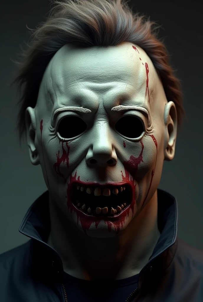 generates an image for a realistic cell phone screen of the bust-type Michael Myers mask with its marked features such as hair and overalls. The mask should look like a skull and blood should come out of the eyes.