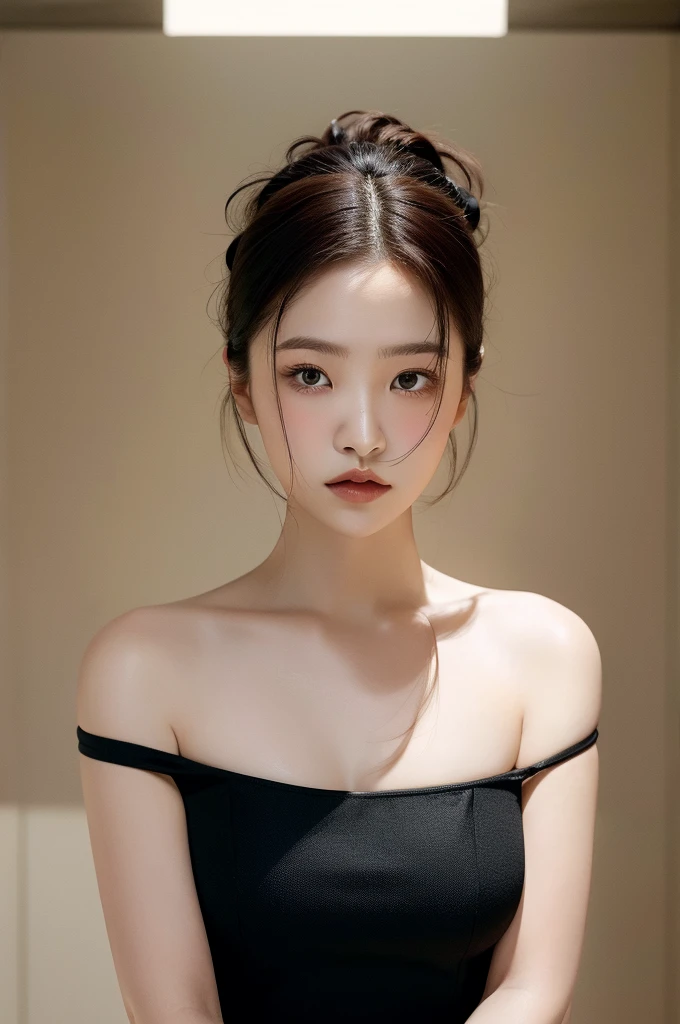 Best quality, masterpiece, ultra high res, (photorealistic:1.4), raw photo,1girl, solo, realistic, looking at viewer, upper body,simple background, black dress, off shoulder,