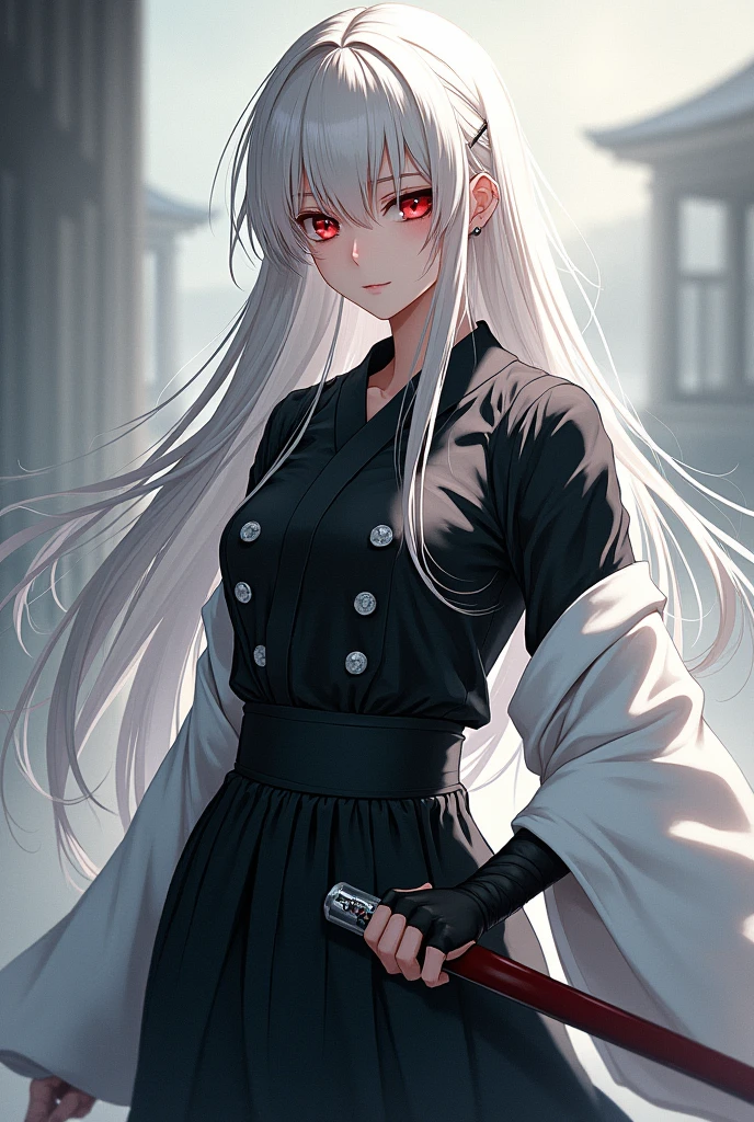 white long hair, red eyes, anime girl, black hakama pants, black shirt with silver buttons, white long sleeve haori, katana on the hips.