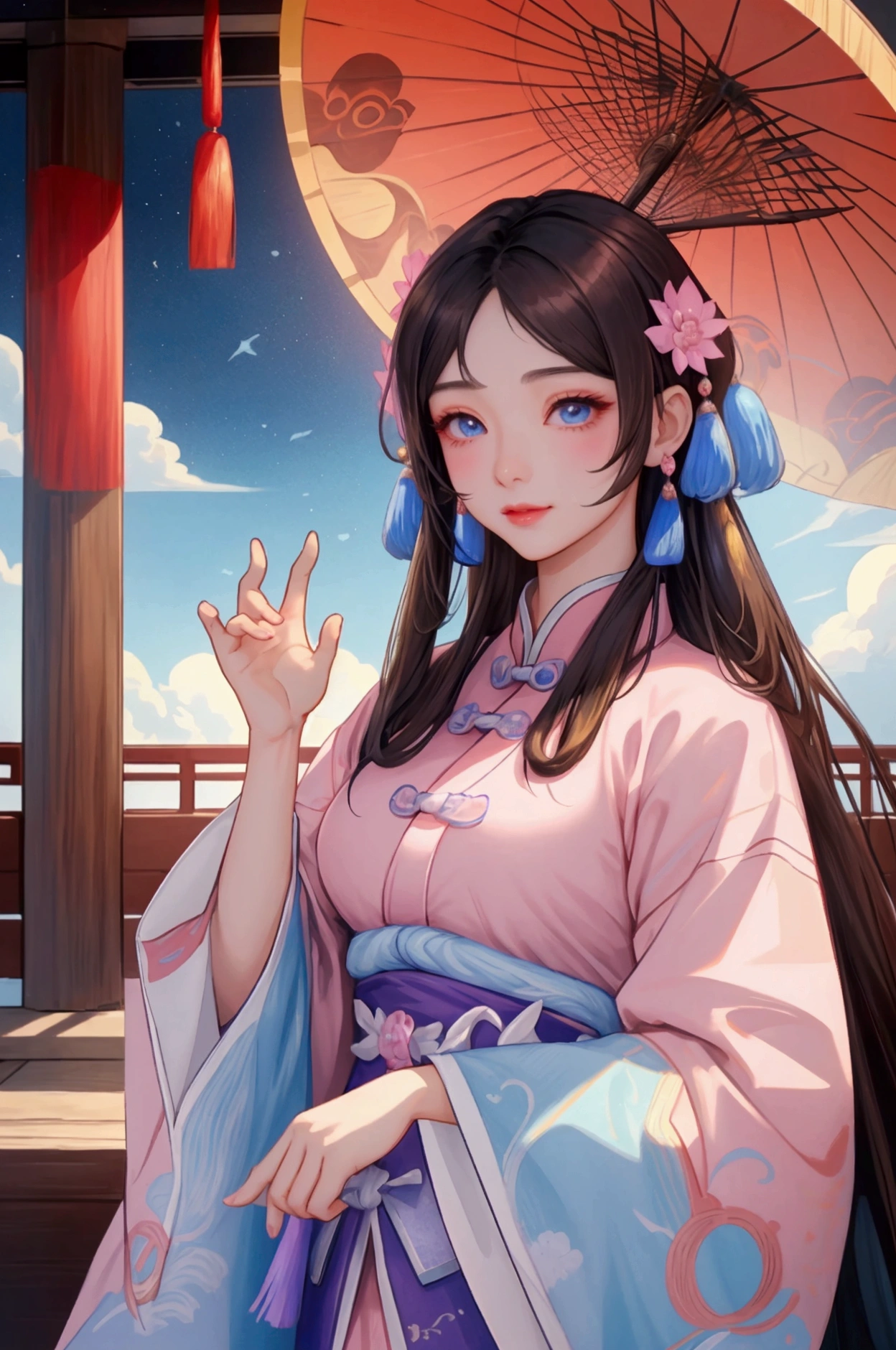 (Highest quality、 8k 、masterpiece、High resolution)、(Chinese Drama、Changgexing、Li Changge、Dililaba)、Tang Dynasty、Changan、1 Female、Beautiful young person、blue eyes、Pretty lips、Hairpin、decoration、(Noble Princess)、(Anime Beauty)、(Anime Art)、Smiling and posing happily、Bright atmosphere、Light colored long hair、Light pink Hanfu、古いChanganの街並み、Tang Dynasty Buildings、Tang Dynasty Buildings、Official Art、Detailed CG、