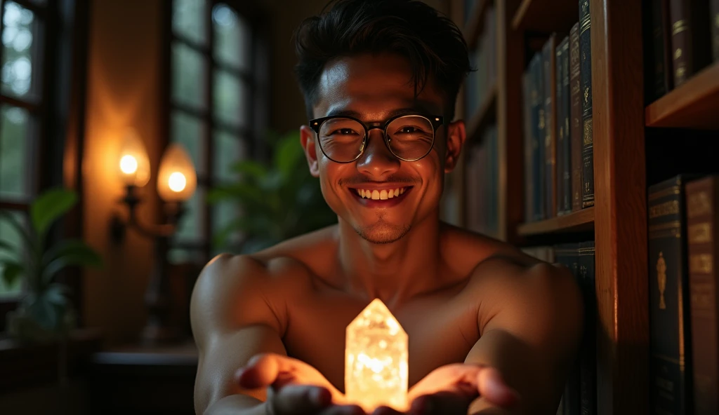 best quality, masterpiece, extremely detailed, 25 year old muscular bodybuilder indonesian man, wearing glasses, clean shaven, smooth round face, (muscular bodybuilder), very cheeky smile, fitted clothes, glowing quartz crystal pendant, leaning against bookshelf, holding out hand towards camera, in library, afterhours, lights off, at midnight, cinematic shadows, dreamy atmosphere, perfect face, perfect hands, perfection