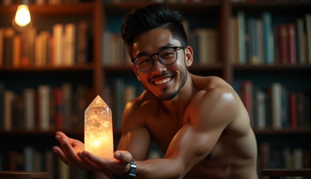 best quality, masterpiece, extremely detailed, 25 year old muscular bodybuilder indonesian man, wearing glasses, clean shaven, smooth round face, (muscular bodybuilder), very cheeky smile, fitted clothes, glowing quartz crystal pendant, leaning against bookshelf, holding out hand towards camera, in library, afterhours, lights off, at midnight, cinematic shadows, dreamy atmosphere, perfect face, perfect hands, perfection