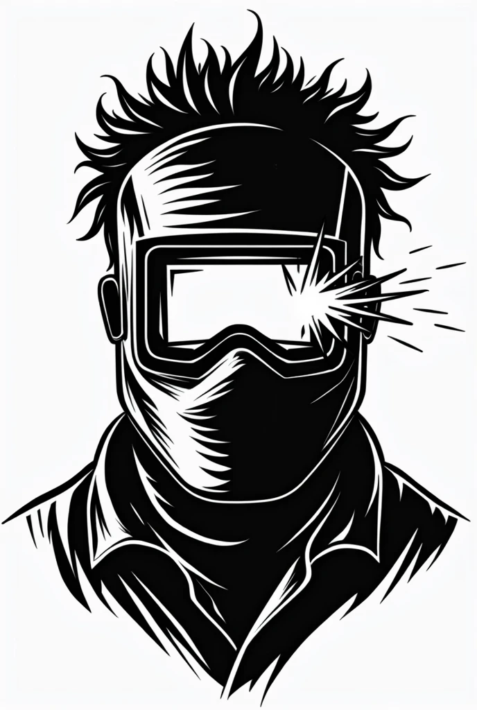 an image of a welder as a logo in black and white with a spark from the welding mask with a bit of hair that stands out more, just for the logo, so that only the mask with the welding is noticeable, the body is no longer there.