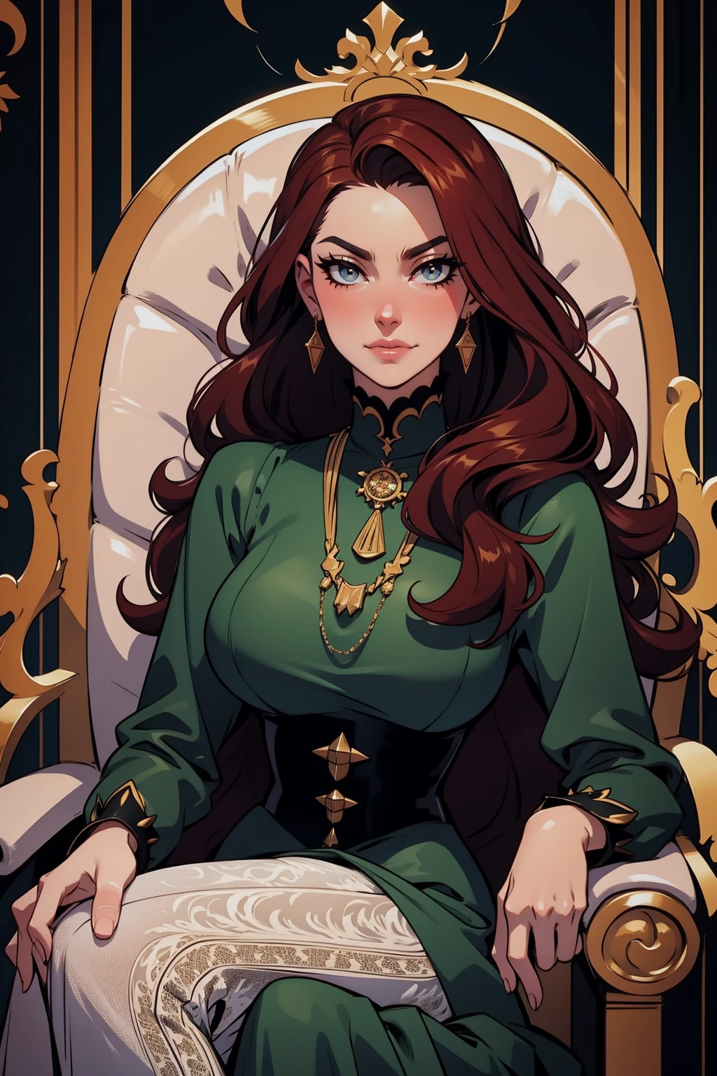 {-erro_de_anatomia:1.0} woman 40 years old, victorian era, queen clothes, (green dress), dark castle, a woman (alicent hightower), meddium dark red hair (dark red hair), (brown eyes) . Indifferent look , merciless. among the dragons, dinamic poses, egoist smile, upper body, sitting in the iron throne