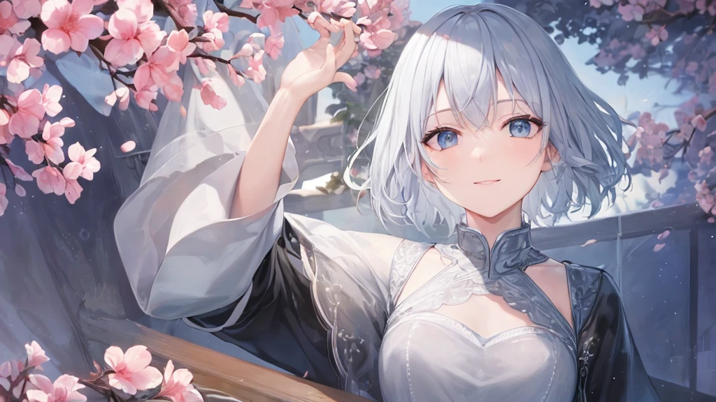 Ultra HD,Look at the viewers, Place your hands behind your back, With a girl, 20-year-old, 非常にshort hair, Long bangs between the eyes, Pale blue eyes, Very detailed,(masterpiece、Highest quality),Gray Hair、Laughter、wonderful, Silver Hair, iris, short hair、 Fluttering Hair、Small face、明るいsmile、(Detailed face) ,Professional Lighting,wonderful風景,blue sky, sunlight,Looking down from above,Portraiture、Open your mouth、Flower Field、Her eyes were shining、Mysterious and enchanting atmosphere。With AI Painting、とてもshort hair, Long bangs between the eyes, Very detailed,(masterpiece、Highest quality)、alone、Gray Hair、Fantasy, Silver Hair, Fantasyな風景、smile、Open your mouth、short hair、short hair、hairpin、black eye、Grey Eyes、Beautiful Eyes、Black Shirt、White hoodie