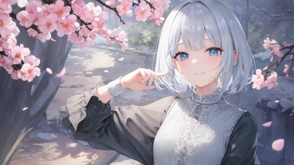 Ultra HD,Look at the viewers, Place your hands behind your back, With a girl, 20-year-old, 非常にshort hair, Long bangs between the eyes, Pale blue eyes, Very detailed,(masterpiece、Highest quality),Gray Hair、Laughter、wonderful, Silver Hair, iris, short hair、 Fluttering Hair、Small face、明るいsmile、(Detailed face) ,Professional Lighting,wonderful風景,blue sky, sunlight,Looking down from above,Portraiture、Open your mouth、Flower Field、Her eyes were shining、Mysterious and enchanting atmosphere。With AI Painting、とてもshort hair, Long bangs between the eyes, Very detailed,(masterpiece、Highest quality)、alone、Gray Hair、Fantasy, Silver Hair, Fantasyな風景、smile、Open your mouth、short hair、short hair、hairpin、black eye、Grey Eyes、Beautiful Eyes、Black Shirt、White hoodie