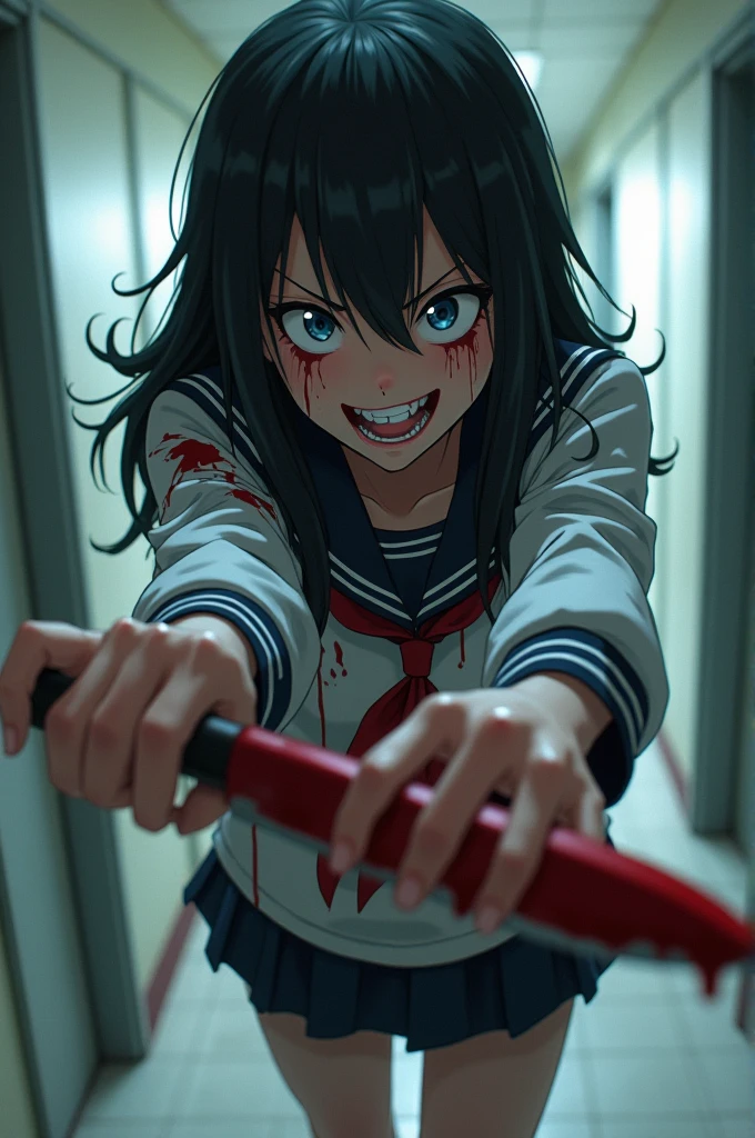 Yandere in school her arms out trying to hug you holding a knife covered in blood