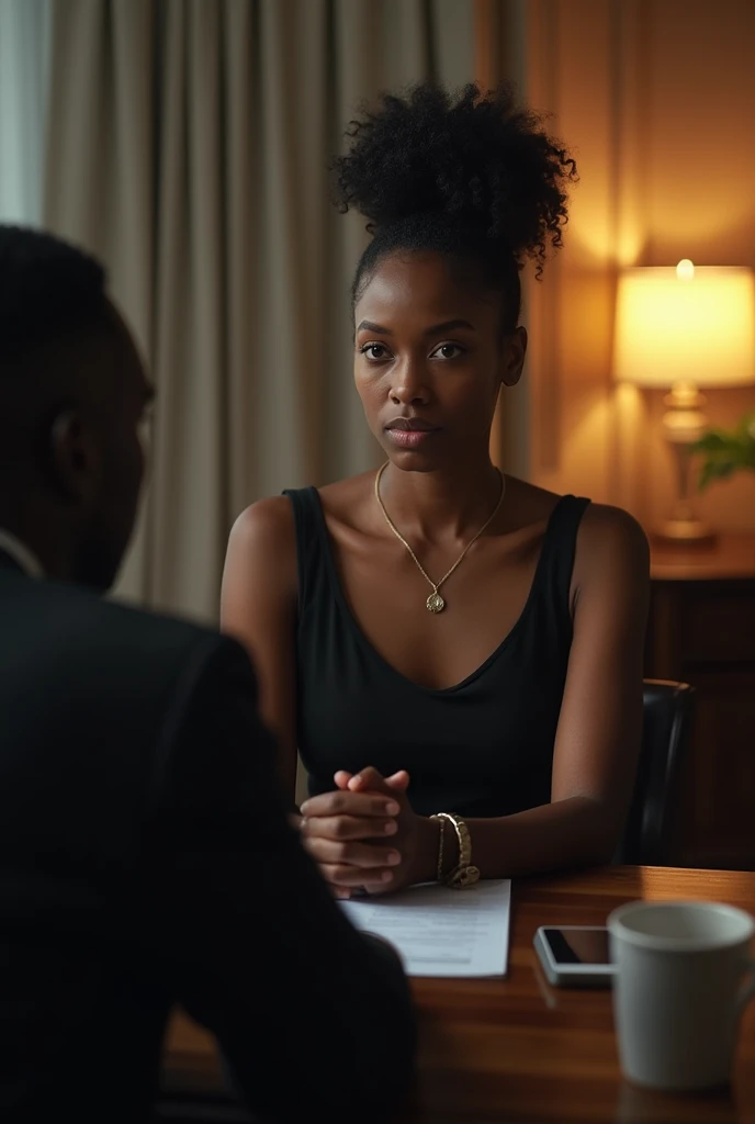 A slim dark lady who has just recovered from drugs in an interview sitting infront of a black board of directors of a bank who are interviewing her about her past life. The board of directors are sad hearing the story