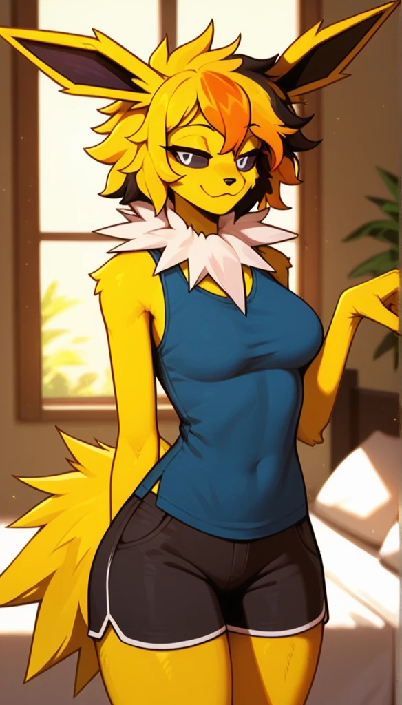 Seductive expression, 1girl, anthro, furry, fur, fluffy fur, jolteon girl, white neck tuft, yellow hair (Orange highlights), black sclera, white eyes, short hair, Messy hair, (19 years), medium breast, thicc thighs, solo, (bedroom), sunset, detailed, smug smile, blue sleeveless shirt, black shorts, half-closed eyes, score_9, score_8_up, score_7_up, score_6_up, score_5_up, score_4_up