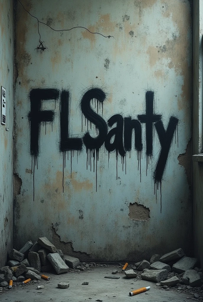 Graffiti written on wall " FLSanty " dark depressive with drawings of cigarettes and bottles of alcohol