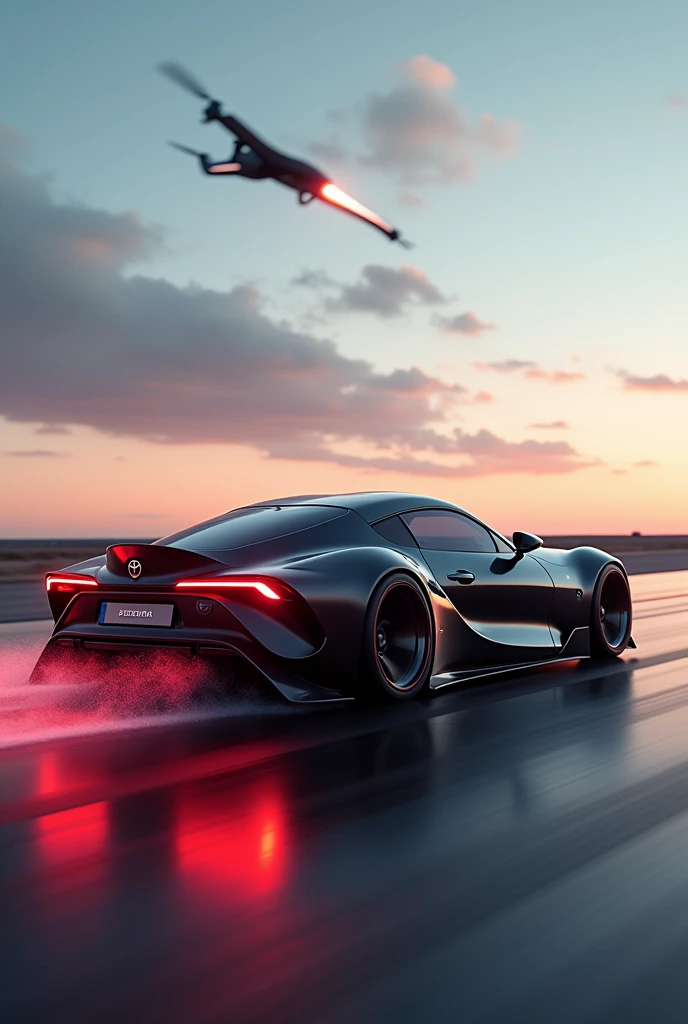 Back to future Toyota supra bmw car. Flying car. Future design. With drone concept. Super fast car. Lighting speed effect. Rocket booster on car