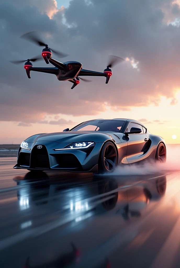 Back to future Toyota supra bmw car. Flying car. Future design. With drone concept. Super fast car. Lighting speed effect. Rocket booster on car