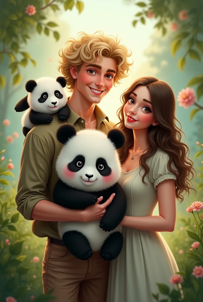Curly blond man and panda , brunette woman with straight hair  

