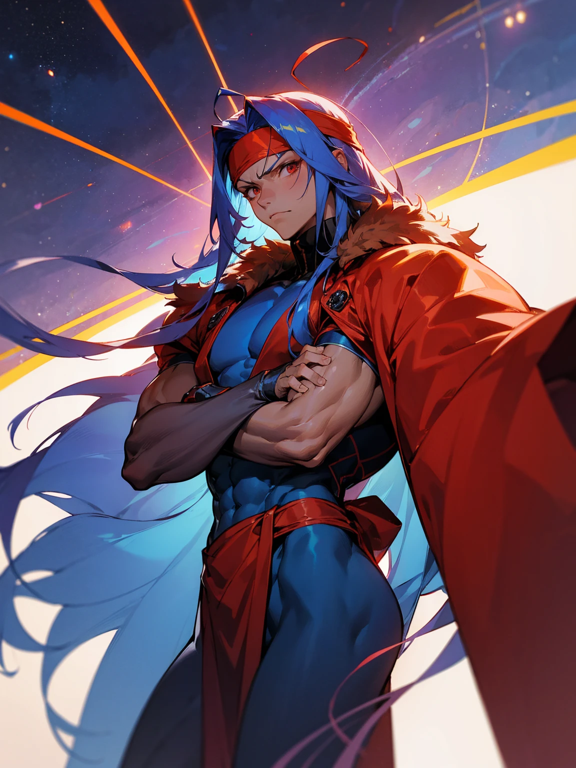1male, red skin, antennae, long blue hair, headband, super suit, tied to waist, oversized fur coat, serious, muscular, space ship, arms folded, facing viewer