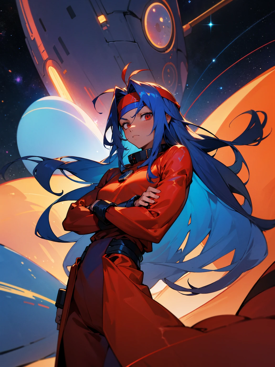 1male, red skin, antennae, long blue hair, headband, super suit, tied to waist, oversized fur coat, serious, muscular, space ship, arms folded, facing viewer