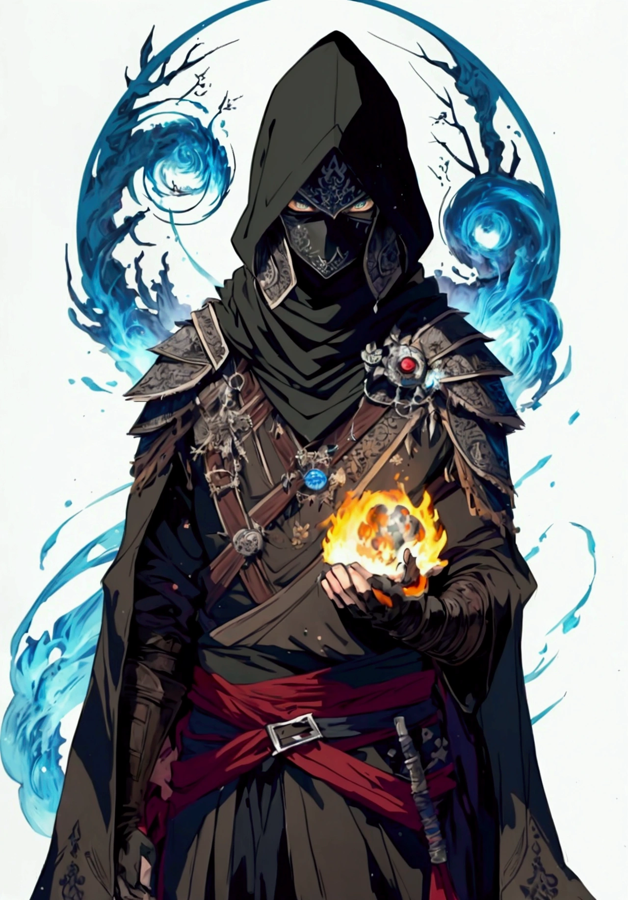 (Masterpiece), ((Highest Quality)),(Official Art),dark epic:1.2),(1 solo anime man: 1.3). A Middle-Eastern assassin man with spiky black hair, green eyes, tan skin, and mouth covered by scarf. He wears a white assassin robe, standing inside a dark temple surrounded by fire background. Detailed picture. Detailed eyes. Masculine jaw. Soft fairytale picture Arthur Rackham-style. Colorful, best detailed ((super detailed)), (highly detailed 2D anime man illustration), ((dark and beautiful))