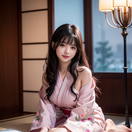 best quality, Delicate face，beautiful visual work, lifelike, eternity, black hair, Long curly hair, blunt bangs, Smile, Detailed Background, Delicate face，blush，cold，((masterpiece))、(top quality)、8k、high detail、Super detailed，41-year-old female，Wearing a yukata, Kneeling on the tatami, masterpiece、born、Scenes resembling fairy tale illustrations、intricate details和複雜的設計、Beautifully、magic、capricious、 Beautifully、Dream aesthetics、「𝓡𝓸𝓶𝓪𝓷𝓽𝓲𝓬、ethereal、charming、fickle、magic」、realism、Visual effects、FXAA、SSAO、Shader、voiceless、ambient lighting、Tone mapping、High resolution、Ultra high quality、Million pixels、(8K resolution:1.10)、8k、8k以下、8K resolution、high detail、intricate details， (high quality:1.2、masterpiece:1.2、:1.21)、(41-year-old female:1.21)、(興奮地Smile)、(Surrounded by a dreamy atmosphere、Model diagram，full-body shot，Normal 2 feet，Put your hands behind you，The protrusion of the breast is visible when wearing clothes, Large Breasts, H cup chest, pink clothes, Don&#39;t show your fingers, full-body shot， full-body shot，full-body shot，full-body shot，full-body shot，full-body shot，full-body shot，full-body shot，hands hidden in clothes, hands hidden in clothes,hands hidden in clothes,hands hidden in clothes,hands hidden in clothes,hands hidden in clothes,hands hidden in clothes,hands hidden in clothes,hands hidden in clothes, ,hands hidden in sleeves ,hands hidden in sleeves ,hands hidden in sleeves ,hands hidden in sleeves ,hands hidden in sleeves ,hands hidden in sleeves ,hands hidden in sleeves ,hands hidden in sleeves, arms behind back, arms behind back,indoor, Japanese style decoration, Japanese style architecture, Japanese-style room, 在Japanese-style room內, Pink and white yukata with flower pattern, Pink and white floral pattern yukata