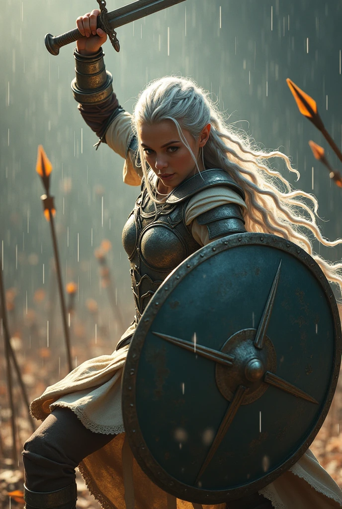photorealistic image of a {1elven WARRIOR in iconic attacking stance, swinging sword in wrath expression(swing sword:1.8), perfect proportional anatomy, silver long multi braid hair, hold up bright shining shield protecting her head, rain of arrows, battlefight, UHD, intricate detailed, 8k, best quality ever, masterpiece, super detailed, unleashed creativity, beyond imagination, dramatic light, gradient motion color background}, rough, massive arrows rain all over the background, light trail behind arrows rain, weathered and textured, slow shutter speed motion photography, shot on Fuji Film XT4 camera f/1.2. ISO 200