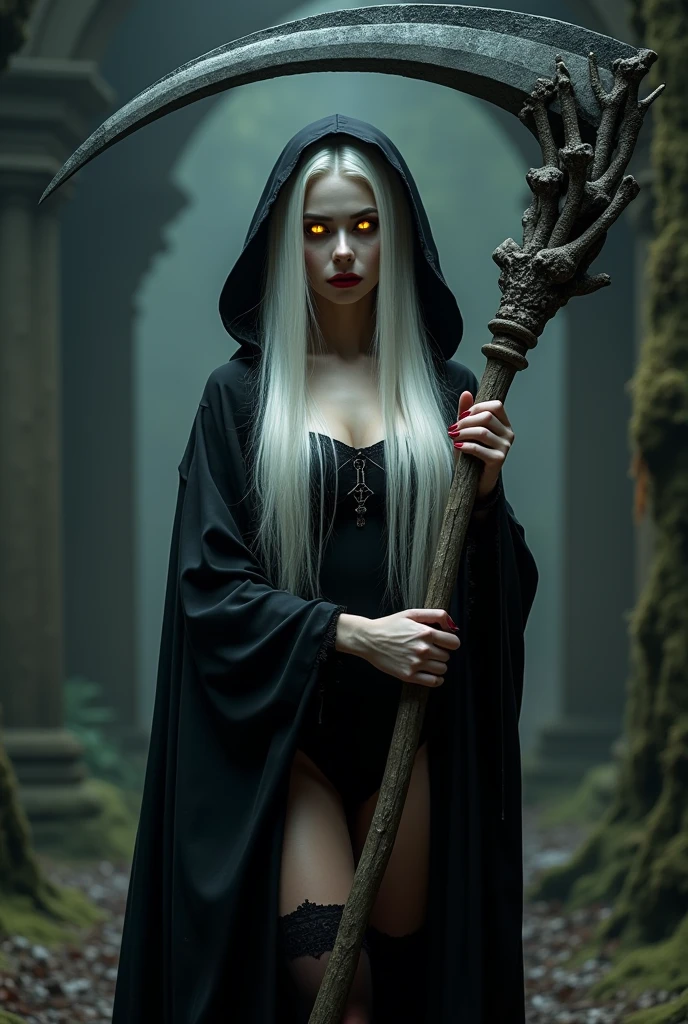 ((Beautiful goddess of love ))(She has big bright yellow eyes)(pale white skin)(Red lips) (very long and straight platinum hair)((very huge breasts)) (Perfect slim body) (she uses, black hood, black sexy long robe and long black stockings)(Hold in your hand a giant scythe adorned with bones.)(She is inside a dark and sticky temple) (High Definition, Volumetric lights and dynamic shadows.)((masterpiece))(8k)(perfect face)(Ultra details) (perfect hands, eyes, and face)