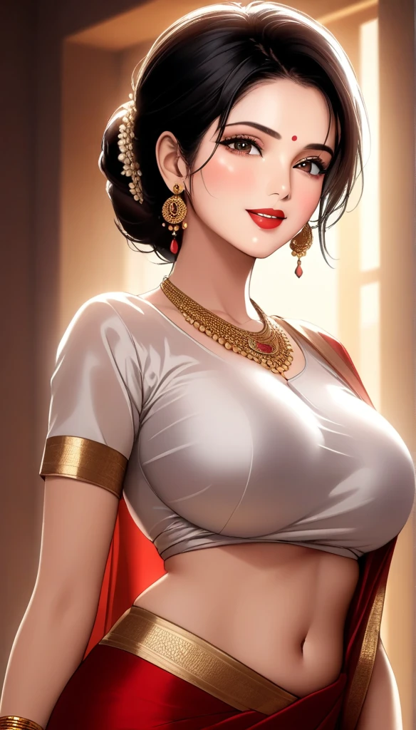 A beautiful mature woman in a ancient plain silk saree, intricate jhumka earrings, detailed alluring eyes, smooth lips, smiling, red lipstick, exposed navel, bangles,  saggy breasts, photorealistic, 8k, high quality, masterpiece, cinematic lighting, vibrant colors, intricate details, short messy hair