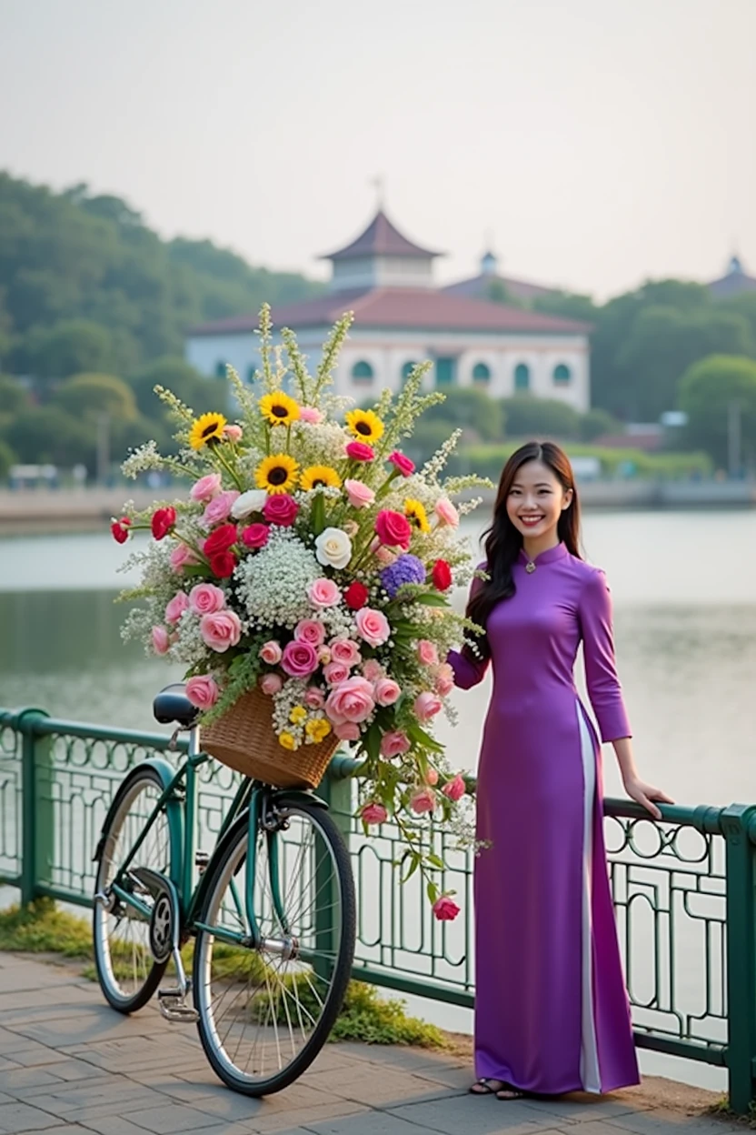 A smiling young Asian woman in a vibrant purple ao dai (traditional Vietnamese dress) standing next to a bicycle overflowing with colorful flowers. The bicycle is parked against a green metal railing by a lake or river. The flower arrangement includes sunflowers, roses, 's breath, and various other vibrant blooms. In the background, there's a body of water and buildings visible on the opposite shore. The scene has a warm, soft lighting, giving it a romantic and picturesque quality. The composition emphasizes the beauty of both the woman and the floral display, creating a harmonious blend of traditional culture and natural beauty.
