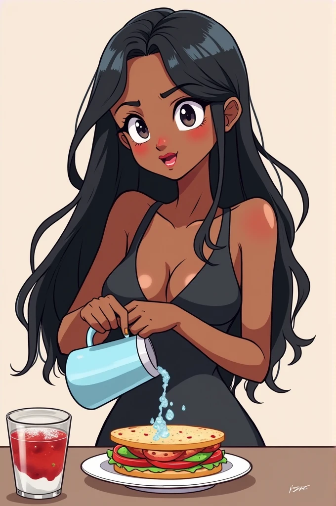 Drawing of a black anime girl who is teasing others and pouring water into food.