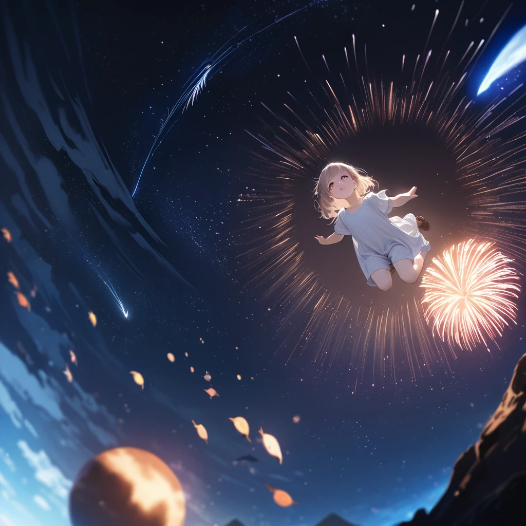 (masterpiece, Highest quality, Very detailed:1.2, Realistic, super photoRealistic, Realistic illustration, 8k), Professional Color Grading, Sharp focus, Professional Lighting, Depth of written boundary, ((landscape)), ((Science fiction movies)), ((Concept Art)) whole body ,From below ,Raised his arms in the air ,Particles of light ,Long and tired rando hair ,Sideburns , Gradient Eye ,look up ,Teen ,Happy ,Seraphim ,{{{masterpiece}}}, {{{Highest quality}}}, {{Very detailed}}, {figure}, {{Very delicate and beautiful}},night,Flying dolphins, beluga,Absurd,employment,Super detailed, 6 years old,{{{{{bubble}}}}},Sea of stars, shooting star, School of fish,contrast,local,firework:2,Flying Fish