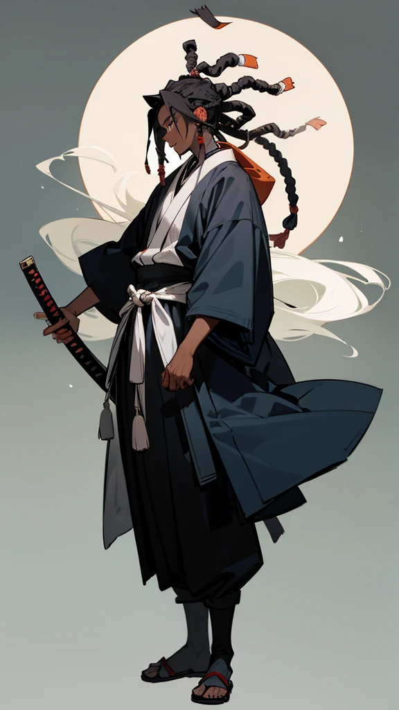 A black skin dude,with 2 katanas on the waist,large japanese clothes,dreadlocks,with headphones,full body