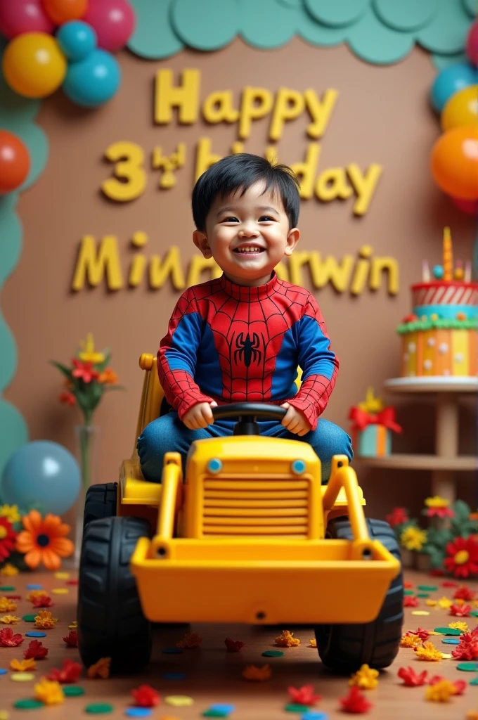 Real Pinoy baby boy  spiderman outfit with riding in backhoe toys with name wall "happy 3rd birthday mark jharwin ' with cake baloons flowers 