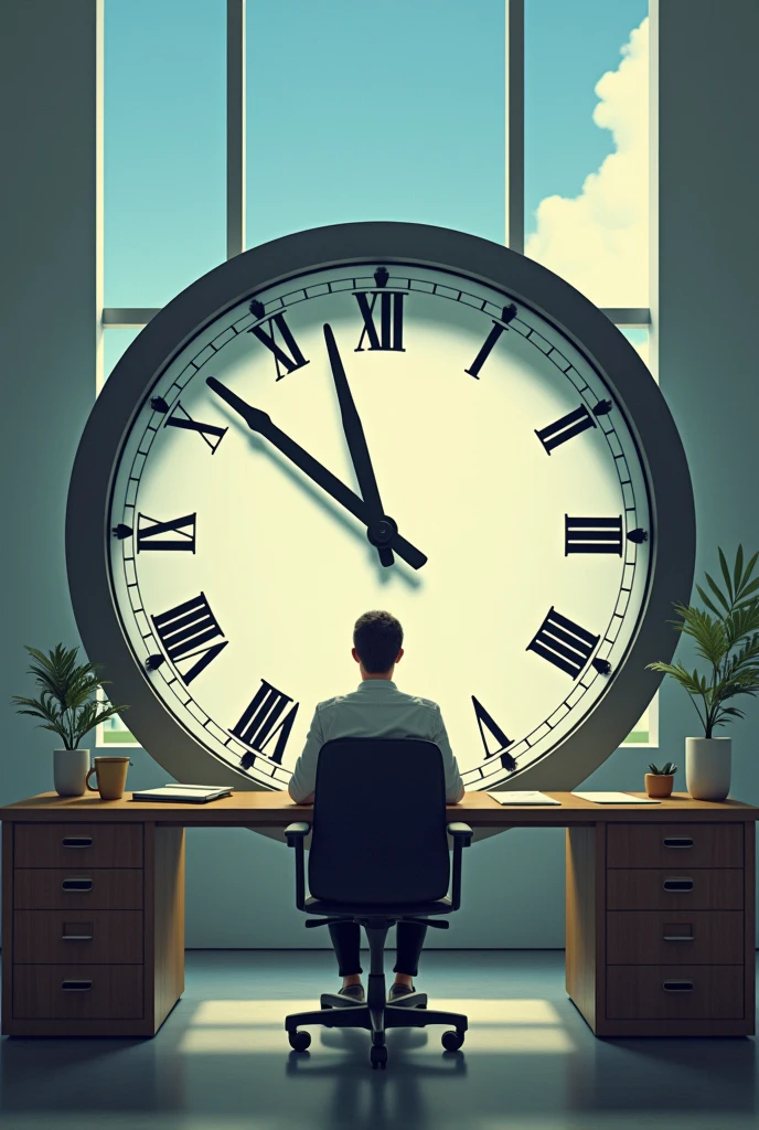 Make an office worker at his desk on a giant clock. The perspective must be seen from above (chopped) and in 3/4.