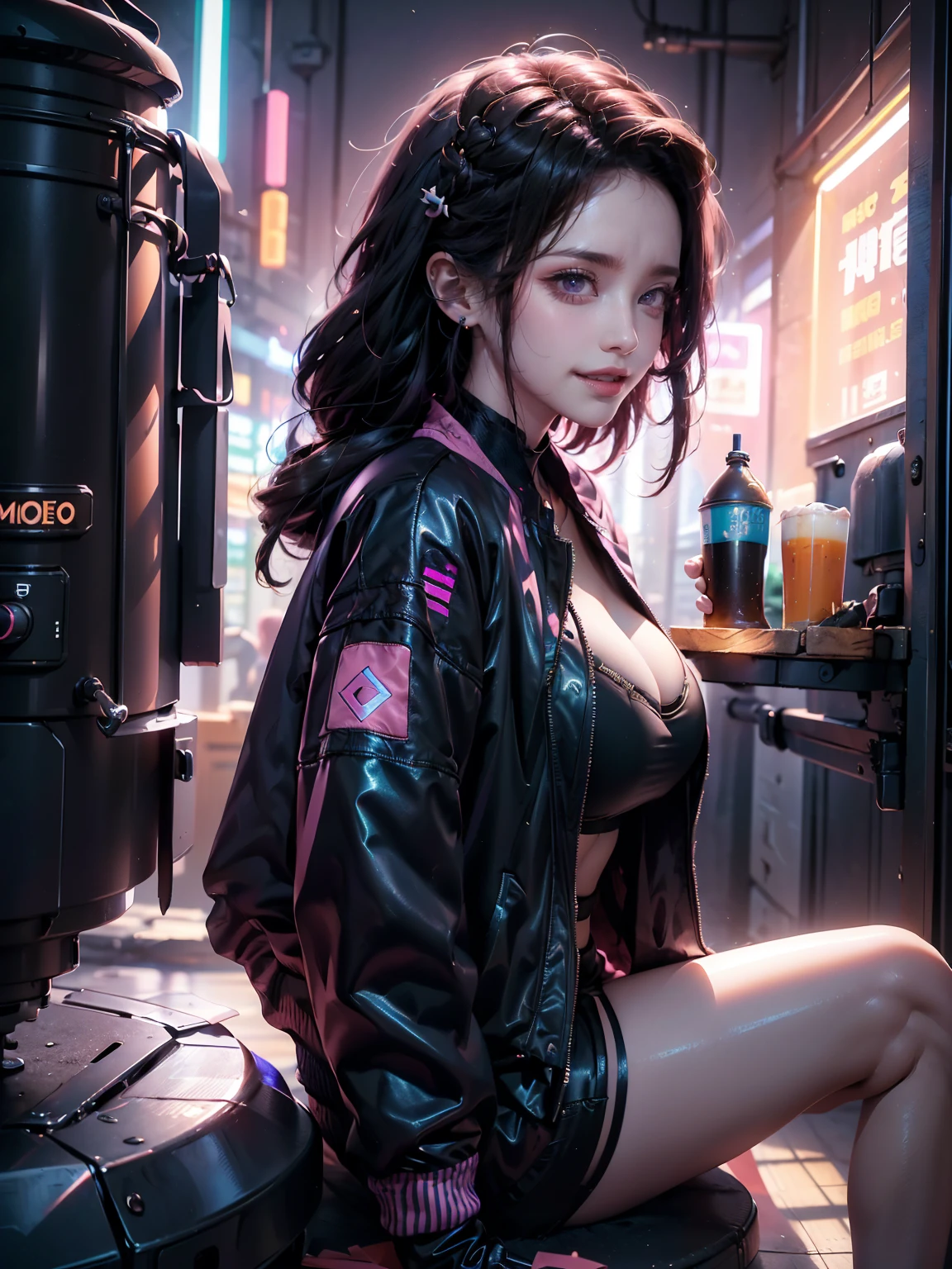 ((16K)),((masterpiece:1.3)), ((Highest quality)), ((Ultra-high resolution)), (Very detailed), (Realistic, photoRealistic:1.4), Perfect lighting,((Side light)), Written boundary depth, Surrealism,photo shoot, No makeup, Film Grain, chromatic aberration, Sharp focus, Face Light,((Beautiful detailsまでこだわった髪)),((Beautiful eyelashes)), Beautifully detailed face, Beautiful details, Beautiful clavicle, Beautiful body, Thin legs,Beautiful breasts, Beautiful legs, ((Detailed and carefully drawn hand)), Cleavage, Perfect Anatomy, Supermodel with a long neck,((Skinny1.3)),23 years old,Looking into the camera,(Perfect Anatomy,Anatomically correct, Very detailed肌), Glowing Skin,((pale skin)),((beautiful girl:1.1)),(( large breasts:1.4)),Dainty facial structure,((Open your mouth and smile:1.5)), ((drinking from a pint of orangejuice:1.3)), drink, cup, drinking,((I have juice)),((leaning on rail:1.2)),(her legs spread in M legs:1.2), ((spread legs:1.2)),((from side)),(( kamado nezuko:1.5)), ((demon slayer)),((pink Harajuku tech jacket with logos m:1.5)) , (cat Detail:1.2), ((wearing (black) Cyberpunk Gunfighter:1.4)), ((Futuristic pink Cyberpunk Outfit)), ((Don a futuristic ensemble with cyberpunk-inspired clothing, incorporating sleek lines and high-tech details:1.4, Gloves with Built-in Tech, Enhance the look with gloves that feature built-in tech elements, adding a sci-fi touch)), ((light effect:1.2)), Create a detailed image of a character relaxing in a cyberpunk-inspired, network-connected café. The setting should feature sleek, modern furniture with neon accents, such as glowing tables and chairs. The café’s walls are lined with digital screens displaying vibrant holographic art and live data feeds. The character is seated comfortably, perhaps with a cup of coffee or tea, while interacting with a transparent, holographic display or a futuristic tablet connected to the network. The atmosphere is cozy yet high-tech, with ambient neon lighting in shades of blue, pink, and purple creating a calm and futuristic vibe. 