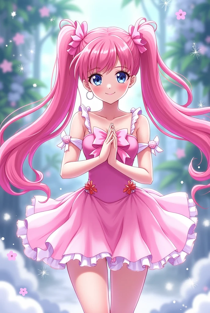 Pretty Cure Wearing a pink dress Ribbon on chest Hair is twin tails