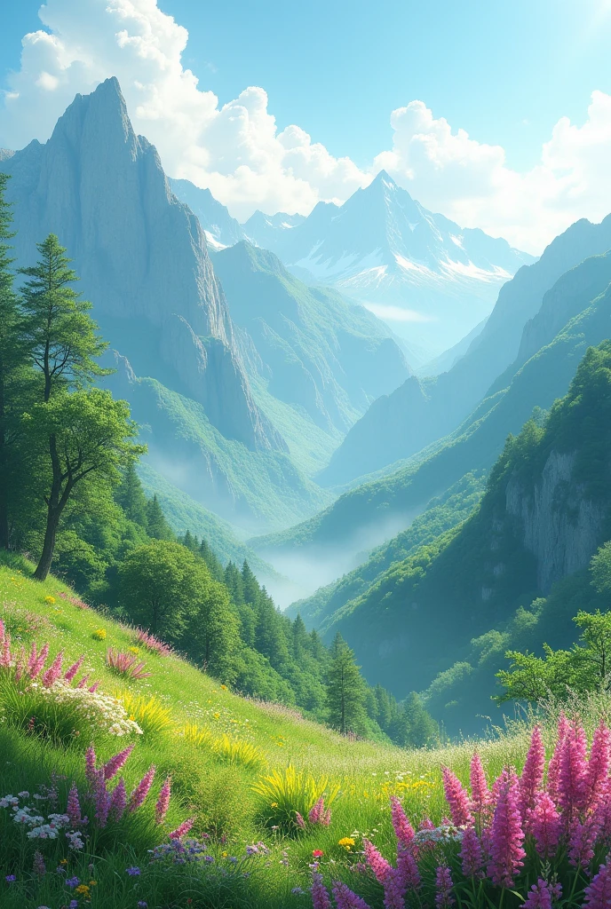 In the spring, the mountains are green and full of colorful mountain flowers, and the wind and grass are moving, with the fragrance of the mountains, like entering a exquisite world, quiet and full of vitality,Realistic style